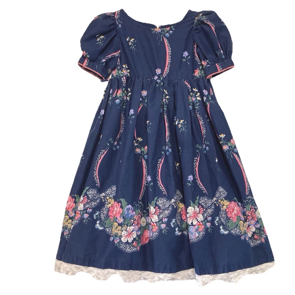 Vintage Daisy Kingdom Girls Dress Blue / Floral Border Sz 7 100% Cotton Handmade